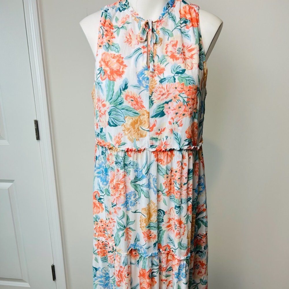 Loft Boho Floral Tiered Maxi Dress Sleeveless Ruffle Neckline Sz MP